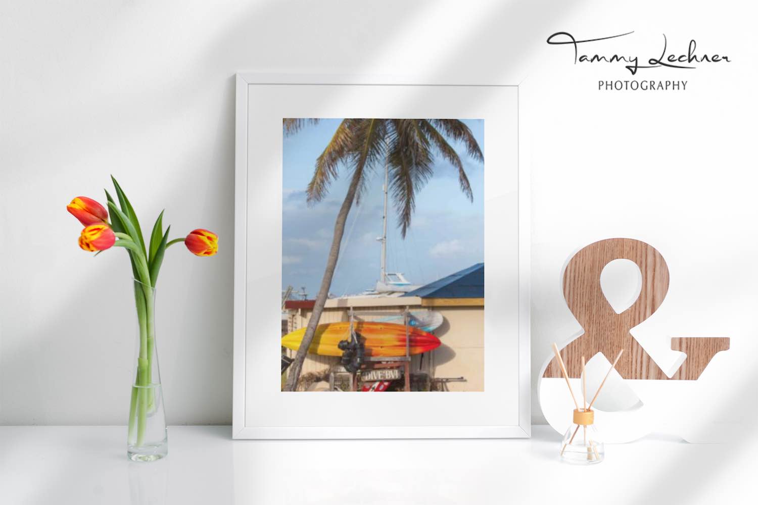 mockup-DIVE BVI Palm Tree Orange white red surfboards sailboat